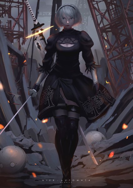 Anime picture 4093x5787 with nier nier:automata yorha no. 2 type b faiz azhar single tall image looking at viewer highres short hair blue eyes light erotic standing absurdres white hair mole puffy sleeves copyright name side slit cleavage cutout mole under mouth