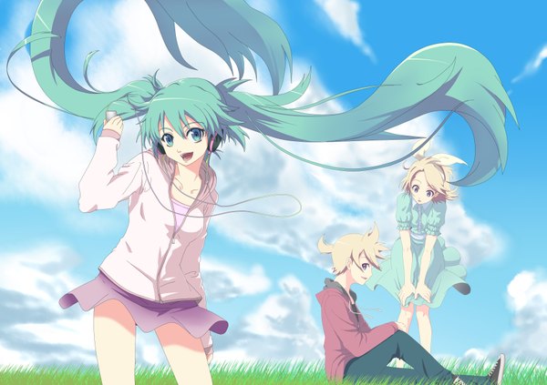 Anime picture 3583x2530 with vocaloid hatsune miku kagamine rin kagamine len yooguru (artist) long hair highres short hair blonde hair twintails multiple girls green hair girl boy 2 girls headphones