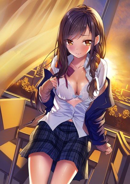 Anime picture 626x884 with original heirou single long hair tall image looking at viewer blush fringe breasts light erotic black hair sitting brown eyes cleavage indoors braid (braids) open clothes evening sleeves past wrists plaid skirt