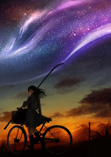 Anime picture 1061x1500 with original suda ayaka single long hair tall image blue eyes black hair smile cloud (clouds) looking back from behind night sky evening sunset scenic girl thighhighs skirt uniform plant (plants)