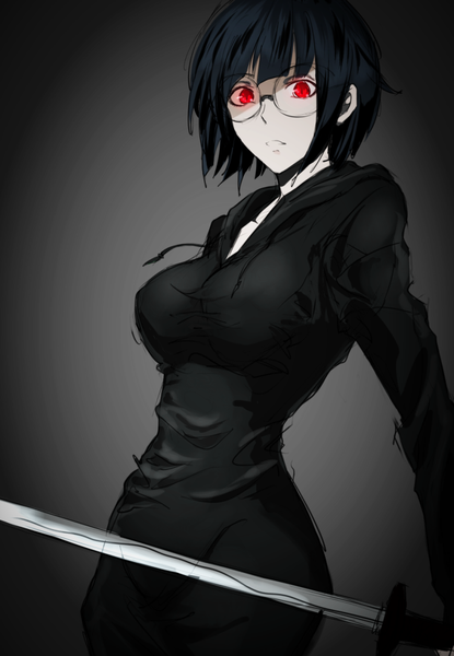 Anime picture 832x1201 with durarara!! brains base (studio) sonohara anri kaji ichi hana single tall image looking at viewer short hair breasts red eyes large breasts holding glowing glowing eye (eyes) bob cut girl dress weapon sword glasses