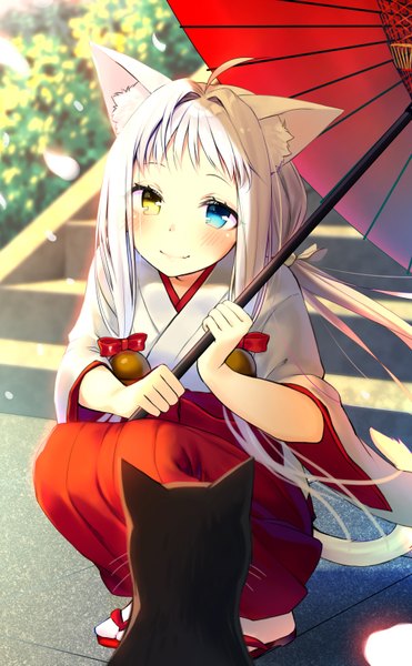 Anime picture 1000x1615 with original hijiri-ssh shirako sei single long hair tall image looking at viewer blush fringe blue eyes smile twintails holding animal ears yellow eyes ahoge bent knee (knees) outdoors white hair tail