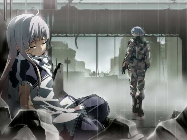 Anime picture 1024x768 with hotel (game) game cg eyes closed grey hair rain ruins girl boy uniform blood military uniform