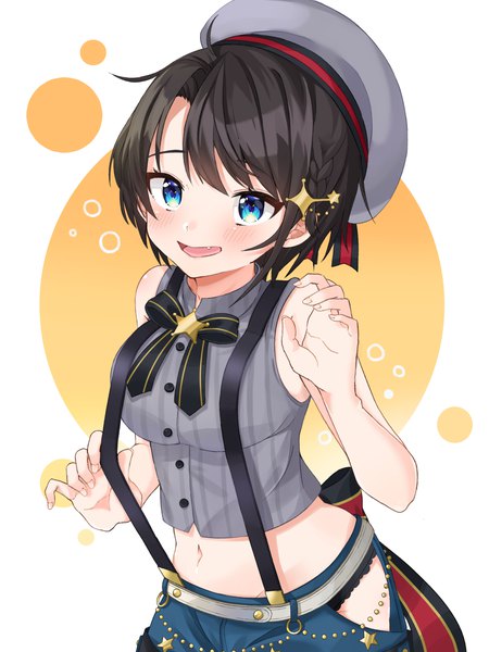 Anime picture 1800x2400 with virtual youtuber hololive oozora subaru oozora subaru (2nd costume) moonbell single tall image blush fringe highres short hair open mouth blue eyes black hair looking away upper body ahoge midriff sleeveless official alternate costume