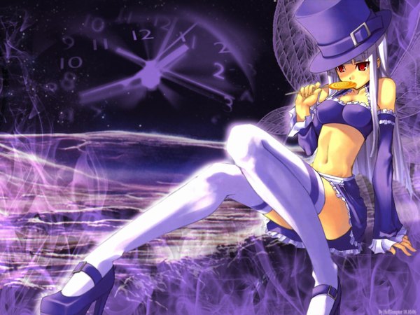Anime picture 1600x1200 with street fighter capcom ingrid (capcom) shingo (missing link) purple background thighhighs lollipop midnight bliss