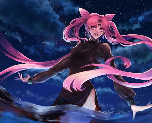Anime picture 1181x956 with bishoujo senshi sailor moon toei animation chibiusa black lady kurewa430 single looking at viewer twintails pink hair cloud (clouds) very long hair pink eyes night hair bun (hair buns) night sky spread arms crescent girl dress earrings