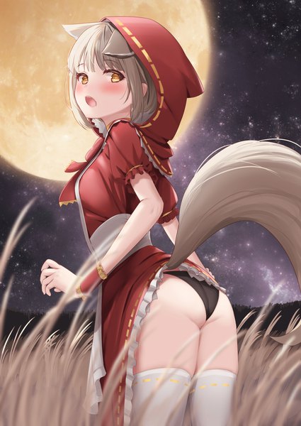 Anime picture 850x1200 with original reinama single tall image looking at viewer blush fringe short hair open mouth light erotic standing animal ears yellow eyes payot outdoors ass tail blunt bangs animal tail grey hair