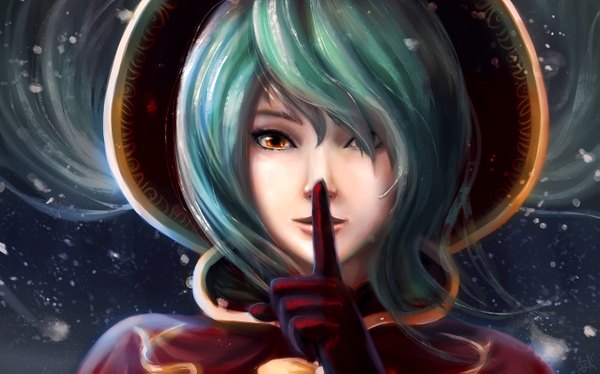 Anime picture 1407x879 with league of legends sona buvelle cubehero single long hair fringe wide image twintails green hair lips hair over one eye orange eyes portrait snowing winter face pointing girl gloves hair ornament