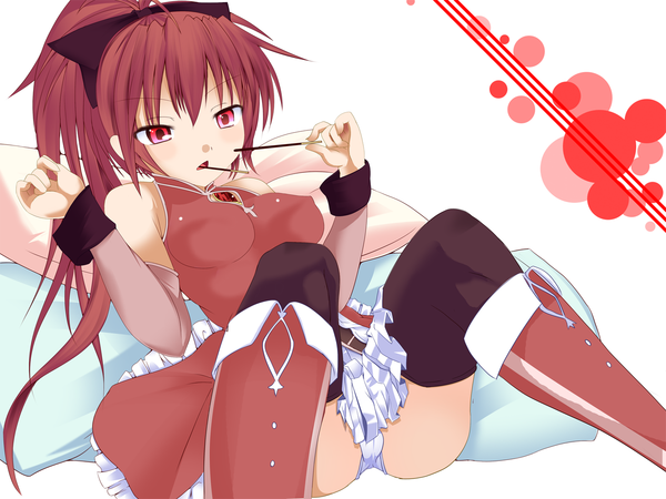 Anime picture 1333x1000 with mahou shoujo madoka magica shaft (studio) sakura kyouko long hair light erotic red eyes red hair pantyshot sitting girl thighhighs underwear panties bow black thighhighs hair bow detached sleeves sweets pocky