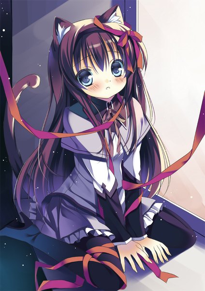 Anime picture 707x1000 with mahou shoujo madoka magica shaft (studio) akemi homura pikomint single long hair tall image looking at viewer blush blue eyes black hair sitting animal ears tail animal tail from above cat ears cat girl cat tail girl