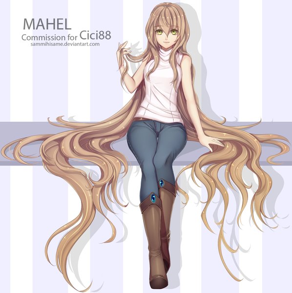 Anime picture 1704x1710 with original mahel (original) sammi hisame single tall image looking at viewer fringe highres breasts smile brown hair sitting green eyes very long hair shadow sleeveless wavy hair girl boots belt