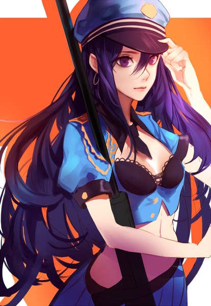 Anime picture 800x1159 with league of legends caitlyn (league of legends) officer caitlyn mconch single long hair tall image purple eyes holding looking away purple hair pleated skirt lips bare belly puffy sleeves girl skirt weapon earrings necktie