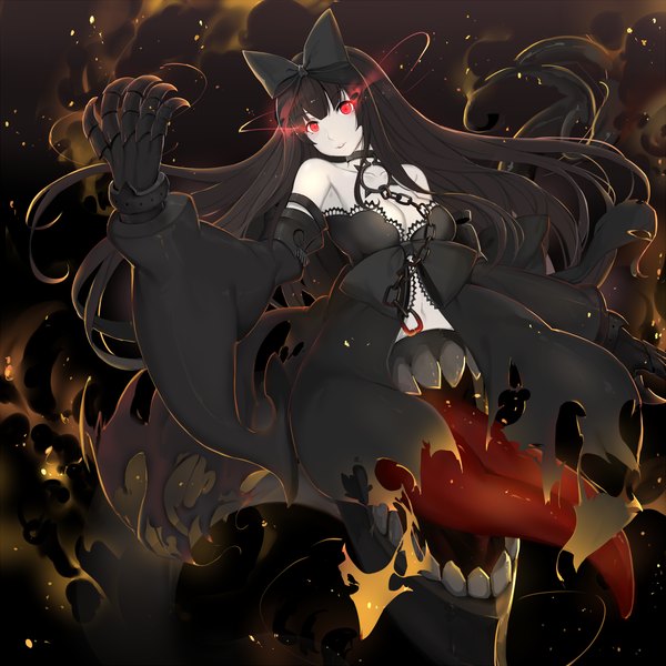 Anime picture 1500x1500 with kantai collection seaplane tender hime yingji (zszero) single long hair open mouth black hair red eyes teeth glowing dark background glowing eye (eyes) long tongue girl gloves bow hair bow detached sleeves tongue chain