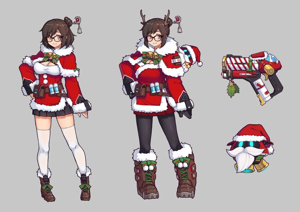 Anime-Bild 2000x1414 mit overwatch blizzard entertainment mei (overwatch) snowball (overwatch) terras looking at viewer fringe highres short hair breasts simple background smile brown hair large breasts standing brown eyes payot cleavage full body long sleeves