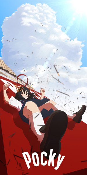 Anime picture 1500x3000 with original hazfirst tall image looking at viewer blush open mouth black hair smile brown eyes sky cloud (clouds) sunlight falling girl skirt uniform bow hair bow school uniform socks