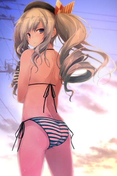 Anime picture 590x888 with kantai collection kashima training cruiser yumesato makura single long hair tall image looking at viewer blush fringe blue eyes light erotic hair between eyes standing twintails bare shoulders payot sky silver hair cloud (clouds) outdoors