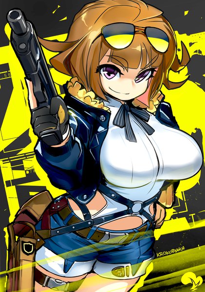 Anime-Bild 843x1200 mit girls frontline grizzly mkv (girls frontline) krokobyaka single tall image looking at viewer fringe short hair breasts smile brown hair large breasts standing purple eyes holding signed from above fur trim hand on hip sunglasses on head