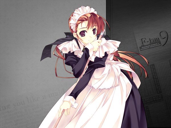 Anime picture 1600x1200 with f-ism murakami suigun single long hair looking at viewer brown hair purple eyes signed maid girl headdress maid headdress mop