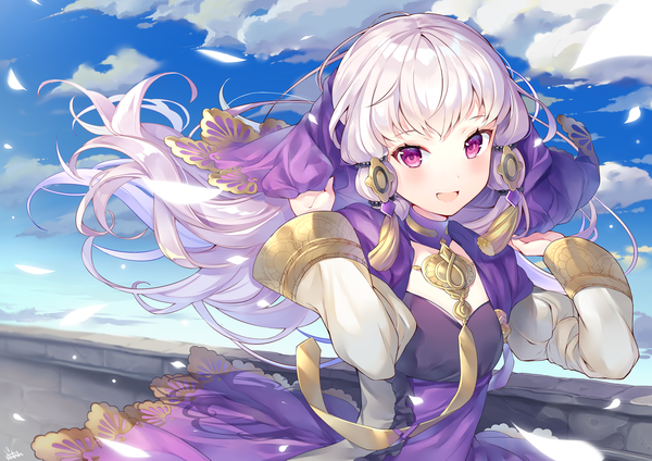 Anime picture 1413x1000 with fire emblem fire emblem: three houses nintendo lysithea von ordelia ringozaka mariko single long hair looking at viewer blush open mouth purple eyes sky silver hair cloud (clouds) upper body :d wind girl hair ornament