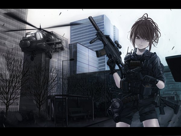 Anime picture 1080x810 with call of duty koh (minagi kou) single long hair looking at viewer black hair sky black eyes letterboxed cityscape girl gloves shorts gun building (buildings) pistol bench rifle aircraft assault rifle