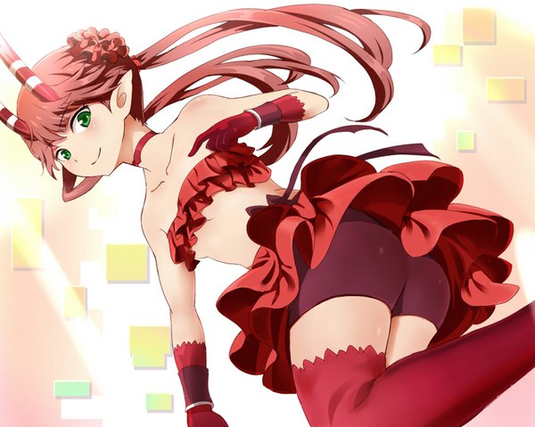Anime picture 1024x819 with c: the money of soul and possibility control mashu (c) single long hair blush light erotic smile brown hair bare shoulders green eyes ass hair flower horn (horns) pointy ears girl hair ornament