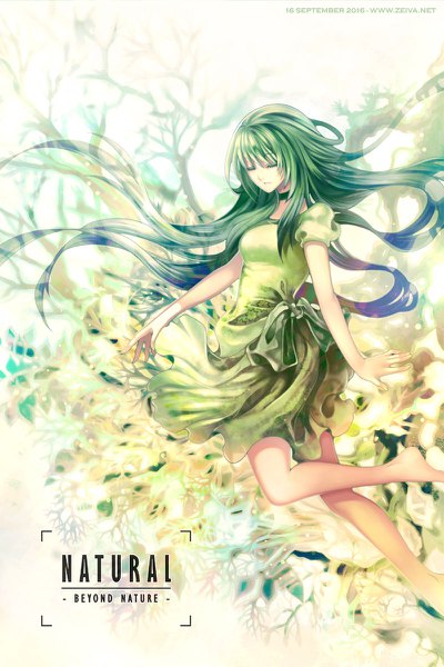 Anime picture 800x1200 with natural -beyond nature- llima zeiva (artist) single tall image fringe payot bent knee (knees) eyes closed very long hair barefoot green hair puffy sleeves copyright name floating hair girl dress bow plant (plants) tree (trees)