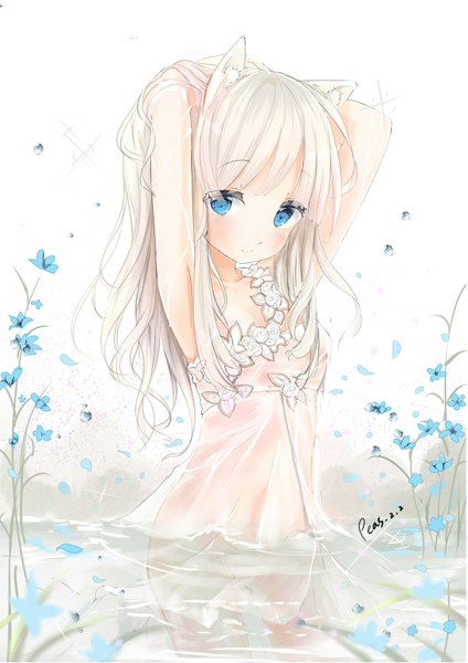 Anime picture 1240x1753 with blade & soul lyn (blade & soul) peas (peas0125) single long hair tall image looking at viewer blush fringe blue eyes light erotic simple background smile standing white background signed animal ears white hair cat ears arms up