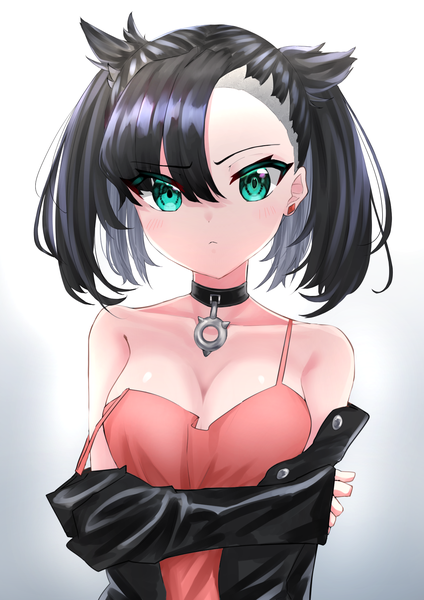 Anime picture 1383x1959 with pokemon pokemon (game) pokemon swsh nintendo marnie (pokemon) nupenupewo single tall image looking at viewer fringe short hair breasts light erotic black hair simple background hair between eyes large breasts bare shoulders green eyes cleavage