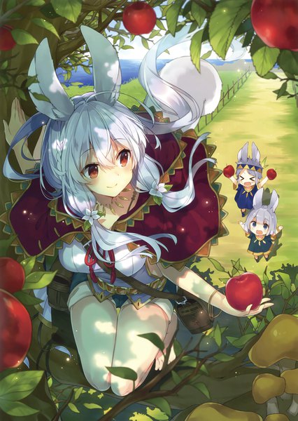 Anime-Bild 2342x3300 mit original eshi 100-nin ten mishima kurone long hair tall image blush highres smile red eyes twintails multiple girls animal ears payot looking away white hair tail eyes closed animal tail looking back hair flower