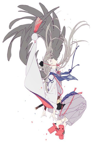 Anime picture 600x868 with touken ranbu nitroplus ima-no-tsurugi nineo single long hair tall image looking at viewer simple background white background full body traditional clothes japanese clothes profile grey hair wide sleeves hair bun (hair buns) pale skin boy socks