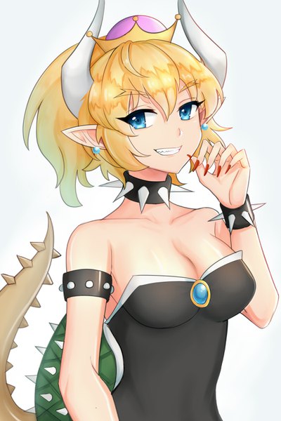 Anime picture 2000x3000 with super mario bros. new super mario bros. u deluxe bowsette sand (redsunny924) single long hair tall image looking at viewer fringe highres blue eyes light erotic blonde hair simple background smile hair between eyes upper body ponytail tail nail polish