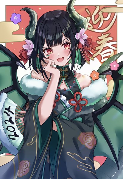 Anime picture 3284x4773 with original shinzousan single tall image looking at viewer blush highres short hair open mouth black hair red eyes absurdres nail polish traditional clothes :d horn (horns) fang (fangs) border chinese clothes new year
