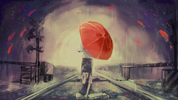 Аниме картинка 900x506 с вокалоид гуми itamidome длинные волосы чёрные волосы широкое изображение дождь плач волосы прикрывают глаза железнодорожный переезд девушка мужчина форма школьная форма зонт сумка