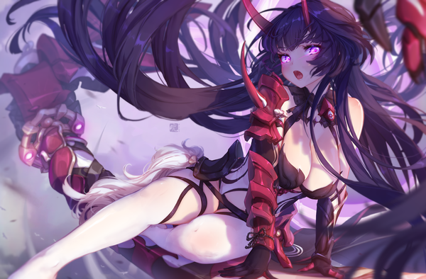 Anime picture 4536x2977 with honkai impact 3rd benghuai xueyuan honkai (series) raiden mei raiden mei (herrscher of thunder) mitsu (mitsu art) single looking at viewer blush fringe highres breasts open mouth light erotic black hair large breasts sitting signed absurdres cleavage