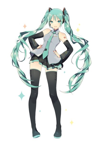 Anime picture 700x1000 with vocaloid hatsune miku lpip single long hair tall image looking at viewer open mouth simple background white background twintails bare shoulders full body aqua eyes aqua hair hands on hips girl detached sleeves boots thigh boots