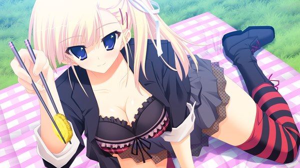 Anime picture 1280x720 with amakan (game) takashina natsumi long hair blush breasts light erotic blonde hair smile wide image purple eyes game cg girl thighhighs food boots striped thighhighs omelet tamagoyaki