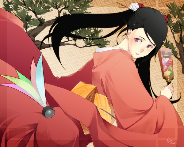 Anime picture 1280x1024 with original kyo (kuroichigo) single long hair blush black hair twintails signed traditional clothes japanese clothes looking back hair flower light smile girl hair ornament flower (flowers) plant (plants) earrings tree (trees) belt