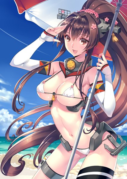 Anime picture 710x1000 with kantai collection yamato super battleship nishimura eri single tall image looking at viewer breasts open mouth light erotic red eyes brown hair sky cloud (clouds) ponytail very long hair hair flower beach girl hair ornament flower (flowers)