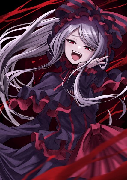 Anime picture 4465x6314 with overlord (maruyama) madhouse shalltear bloodfallen karadborg single tall image looking at viewer highres open mouth red eyes absurdres silver hair ponytail very long hair nail polish head tilt :d hand on cheek girl dress