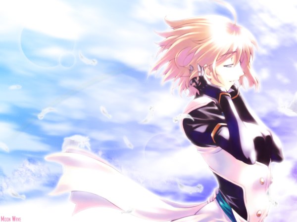 Anime picture 1280x960 with ensemble terada wakaba haritama hiroki single short hair blonde hair upper body ahoge profile wind third-party edit girl feather (feathers)