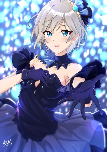 Anime picture 2580x3643 with idolmaster idolmaster cinderella girls anastasia (idolmaster) nullcalc single tall image looking at viewer blush highres short hair open mouth blue eyes signed silver hair :d outstretched hand project krone girl dress gloves