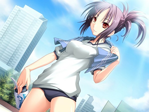 Anime picture 1024x768 with uchu keiji soldiva (game) single light erotic red eyes game cg purple hair city girl uniform gym uniform drink