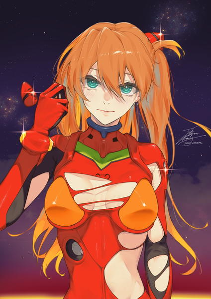 Anime picture 1061x1500 with neon genesis evangelion rebuild of evangelion evangelion: 3.0+1.0 thrice upon a time gainax soryu asuka langley shikinami asuka langley fadingz single long hair tall image looking at viewer blush fringe breasts light erotic hair between eyes standing signed upper body outdoors