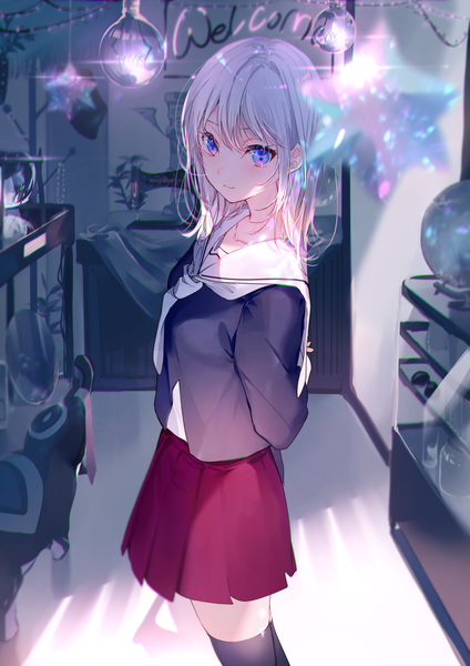 Anime picture 1158x1637 with original miwano rag single tall image looking at viewer blush fringe short hair breasts blue eyes smile standing silver hair indoors pleated skirt blurry sparkle zettai ryouiki shaded face hands behind back