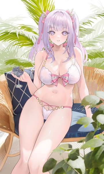 Anime picture 960x1595 with azur lane plymouth (azur lane) plymouth (heart-throbbing refreshment) (azur lane) cirilla single long hair tall image looking at viewer fringe breasts light erotic large breasts purple eyes twintails holding cleavage purple hair blunt bangs nail polish parted lips