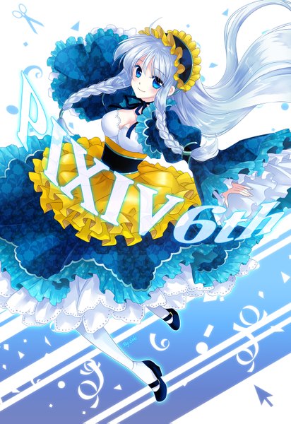 Anime picture 1000x1455 with original pixiv pixiv-tan sawaki single long hair tall image looking at viewer blue eyes silver hair braid (braids) girl dress frills headdress