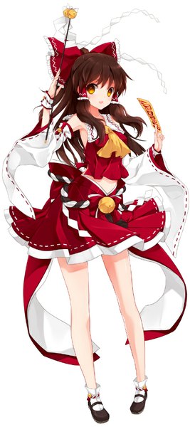 Anime picture 479x1075 with touhou hakurei reimu juna single long hair tall image looking at viewer simple background brown hair white background brown eyes full body traditional clothes miko girl skirt bow hair bow detached sleeves bell