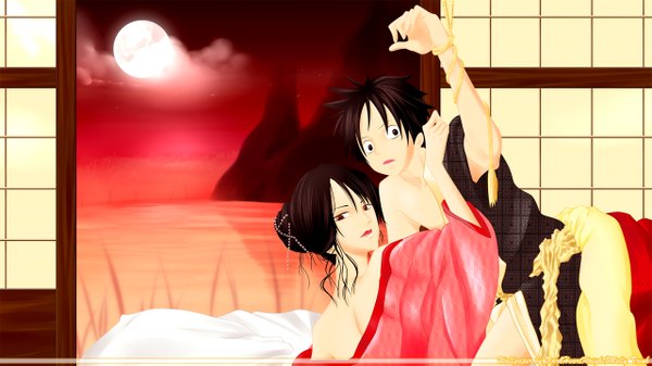 Anime picture 2560x1440 with one piece toei animation monkey d. luffy nico robin highres short hair light erotic black hair red eyes wide image black eyes red moon girl boy