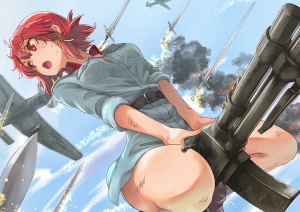 Anime picture 4093x2894 with shuumatsu no izetta izetta tea (nakenashi) single fringe highres short hair open mouth light erotic hair between eyes red eyes sitting looking away absurdres sky cloud (clouds) outdoors red hair looking back dutch angle