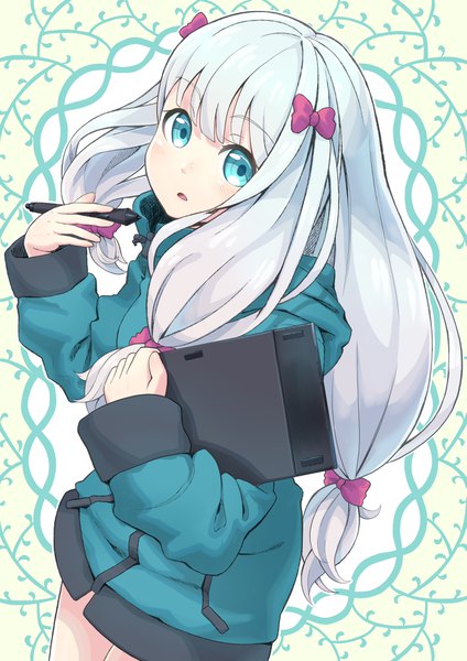 Anime picture 2893x4092 with eromanga sensei a-1 pictures izumi sagiri murasaki jazi single long hair tall image looking at viewer blush fringe open mouth blue eyes standing holding tress ribbon girl bow ribbon (ribbons) hair bow hair ribbon